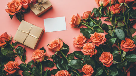 A charming flat lay featuring fresh peach roses, beautifully wrapped gifts, and an empty card on a soft pink background, perfect for celebrations and romantic moments.の素材