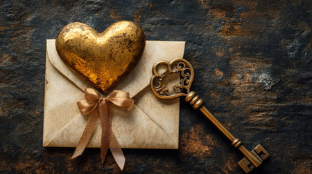 A beautifully crafted golden heart atop a vintage envelope with an ornate key, perfect for romantic themes, wedding invites, love letters, and special surprises.の素材