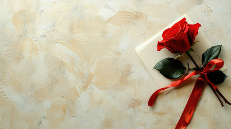 A beautiful red rose with green leaves and a red ribbon tied to an unopened card lies against a soft textured background, perfect for expressions of love and affection.の素材