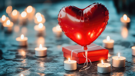A beautiful heart-shaped balloon rests on a gift box, surrounded by glowing candles, creating a warm and romantic atmosphere ideal for special celebrations like Valentine's Day.の素材