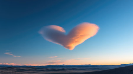 A stunning heart-shaped cloud floats majestically in the evening sky, casting a soft glow over a tranquil landscape, evoking feelings of love and peace.の素材