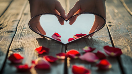 A pair of hands holding a heart-shaped mirror that reflects ambient light, surrounded by delicate rose petals on a rustic wooden surface, perfect for love-themed projects.の素材