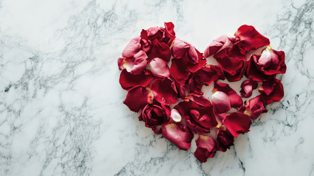 A beautiful arrangement of fresh red rose petals shaped into a heart on a stylish marble surface, ideal for love-themed projects and romantic occasions like Valentine's Day.の素材