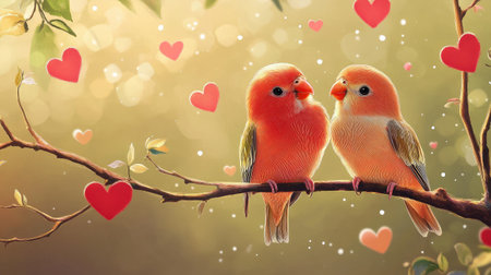 A beautiful illustration of a pair of orange birds perched on a branch, surrounded by floating hearts and a soft bokeh glow, perfect for celebrating love and companionship in nature.の素材