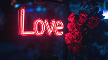 A glowing neon sign reading "Love" is beautifully complemented by vibrant red roses, creating a romantic atmosphere perfect for expressing affection and warmth.の素材