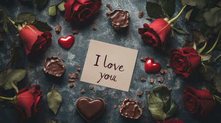 A beautiful arrangement featuring red roses, heart-shaped chocolates, and a love note capturing the essence of romance, perfect for celebrating special occasions and expressing love.の素材