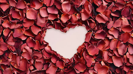 A beautiful heart-shaped space framed by lush red rose petals, ideal for expressing love and romance in designs focused on relationships, celebrations, and floral themes.の素材
