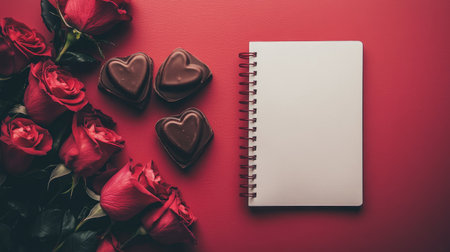 A romantic flat lay featuring vibrant red roses, heart-shaped chocolates, and a blank notebook against a rich red background, perfect for love notes or special occasions.の素材
