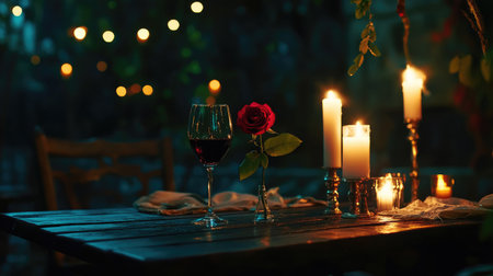 Experience a romantic atmosphere with a wine glass, a beautiful rose, and glowing candles creating a cozy dining setting, perfect for unforgettable moments.の素材