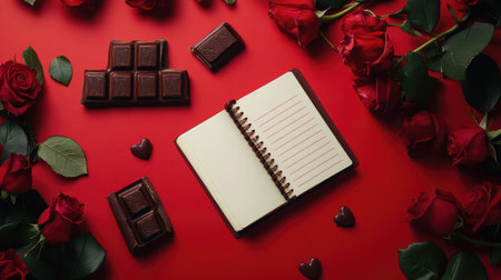 A charming composition featuring dark chocolate, fresh red roses, and an open notebook on a striking red surface, ideal for expressing love and creativity through notes.の素材