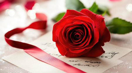 A stunning red rose rests on a textured background alongside a romantic letter and a satin ribbon, capturing the essence of love and affection in a beautiful arrangement.の素材