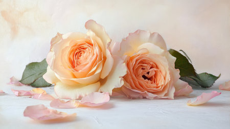 Two soft peach roses with delicate petals rest elegantly on a light background, perfect for capturing the essence of romance, beauty, and tranquility in floral arrangements.の素材