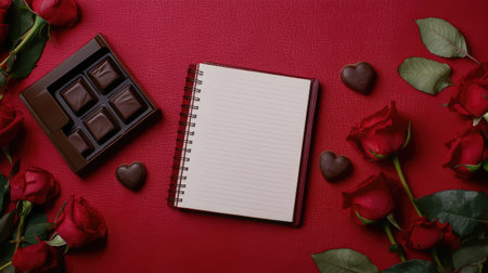 A romantic setup featuring red roses, a box of chocolate, and a blank notebook ready for heartfelt messages, perfect for celebrating love and special occasions.の素材