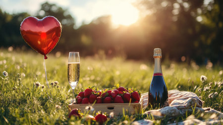 A picturesque scene of romance with champagne and fresh strawberries, complemented by a heart-shaped balloon, capturing the essence of love in a sunlit field.の素材