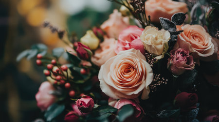 A stunning close-up of a floral arrangement featuring soft pink and cream roses, complemented by green leaves and berries, perfect for decor or special occasions.の素材