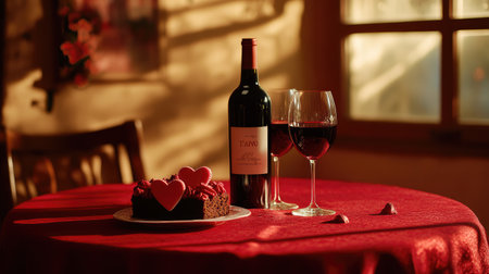 A beautifully set table featuring a bottle of red wine, two glasses, and a heart-shaped cake, creating a warm and romantic atmosphere for special moments.の素材