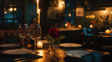 Experience a romantic atmosphere with an elegantly set dining table featuring wine glasses, a single rose, soft candlelight, and a cozy ambience for perfect dining moments.の素材