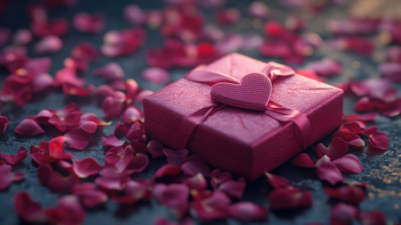 A beautifully wrapped gift box with a heart-shaped embellishment sets upon a backdrop of delicate pink rose petals, perfect for showcasing love and affection on special occasions.の素材