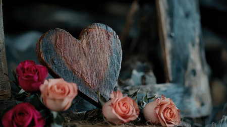 A charming wooden heart centerpiece surrounded by soft fresh roses, ideal for romantic settings, weddings, and heartfelt celebrations, showcasing love and beauty.の素材