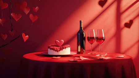 A beautifully arranged romantic setting featuring a heart-shaped cake, two glasses of red wine, and heart-shaped decorations, perfect for a Valentine's Day celebration.の素材