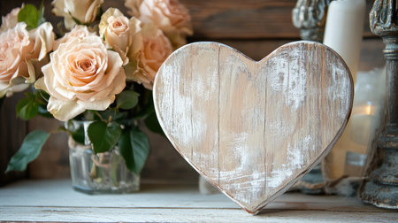 A charming wooden heart decoration paired with soft cream roses, perfect for capturing the essence of love and warmth in any romantic setting or celebration.の素材