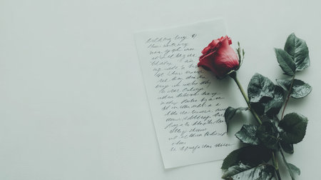 A beautiful single rose rests next to a handwritten letter, symbolizing love and affection, perfect for capturing emotions and romantic gestures in photography.の素材