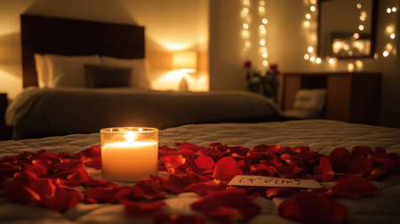 Unwind in a beautifully arranged bedroom featuring a glowing candle and scattered rose petals, perfect for creating a romantic ambiance for cherished moments.の素材