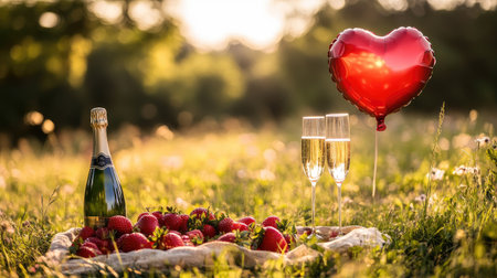 A delightful outdoor picnic featuring champagne, fresh strawberries, and a heart-shaped balloon, perfect for celebrating love and special moments in nature.の素材