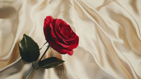 A stunning red rose delicately placed on soft cream fabric, capturing the essence of romance and beauty. Perfect for floral decorations and elegant still life compositions.の素材