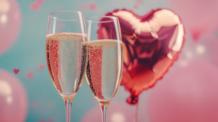 Celebrate love and joy with sparkling champagne glasses and a heart-shaped balloon in a vibrant atmosphere, perfect for romantic occasions or special celebrations.の素材