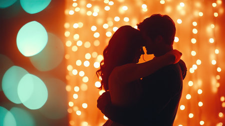 A stunning silhouette of a couple embracing, set against softly glowing bokeh lights, captures the essence of romance and intimacy in a beautiful moment of connection.の素材