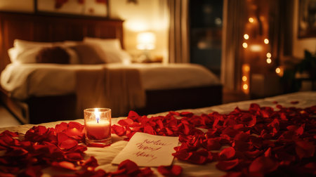 A cozy bedroom set for a romantic evening, featuring candlelight and scattered rose petals, creating a warm and intimate atmosphere for love and celebration.の素材