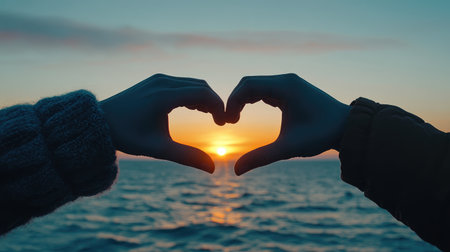 A pair of hands forming a heart shape against a stunning sunset over the ocean, capturing a moment of love and connection in a tranquil coastal environment.の素材