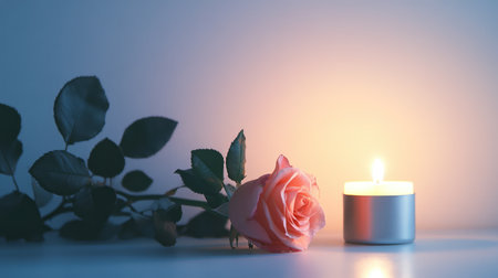 A captivating still life composition featuring a lit candle next to a beautiful pink rose, creating a warm and romantic ambiance perfect for relaxation and inspiration.の素材