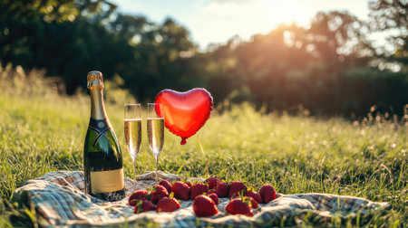 A romantic picnic setting with sparkling champagne, fresh strawberries, and a heart-shaped balloon creates a perfect ambiance for love and celebration in a sunlit meadow.の素材