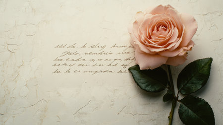 A soft pink rose gently resting on a textured background featuring elegant handwritten script, symbolizing love and beauty, ideal for romantic themes and artistic projects.の素材