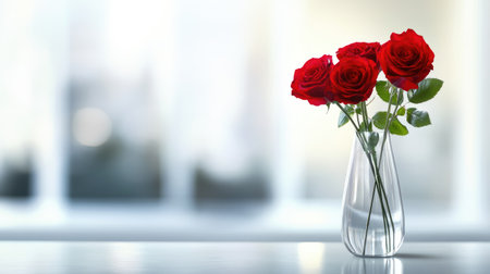 This elegant composition features three vibrant red roses in a sleek glass vase, set against a soft-focused background, perfect for conveying love and beauty.の素材
