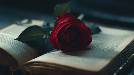 A captivating still life image featuring a single red rose resting on an open antique book, embodying romance and the charm of literature in a beautifully lit setting.の素材