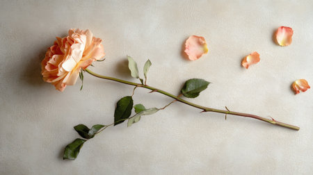 A stunning peach rose lies gracefully on a textured background, surrounded by scattered petals, capturing the serene beauty of flowers in a minimalistic yet captivating style.の素材