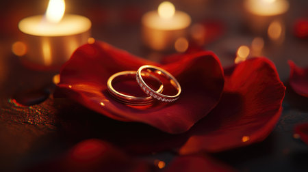 This captivating image features two beautiful wedding rings placed on a rose petal, surrounded by soft candlelight, evoking a romantic and intimate ambiance perfect for love and commitment.の素材