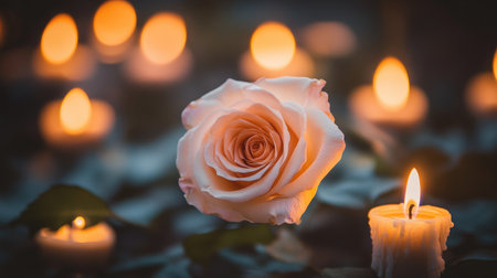 A stunning pink rose delicately illuminated by flickering candles, creating a peaceful and romantic atmosphere ideal for weddings, anniversaries, or personal reflection.の素材