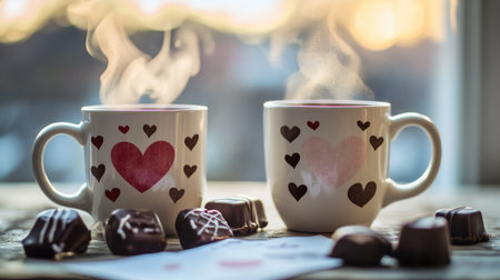 Two steaming cups of coffee adorned with heart designs sit beside gourmet chocolates, creating a warm and inviting atmosphere ideal for cozy gatherings and romantic moments.の素材