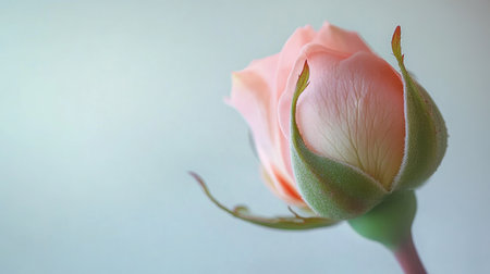 A beautiful close-up of a delicate pink rose bud against a soft green background, symbolizing purity, love, and elegance in nature, perfect for artistic and decorative projects.の素材