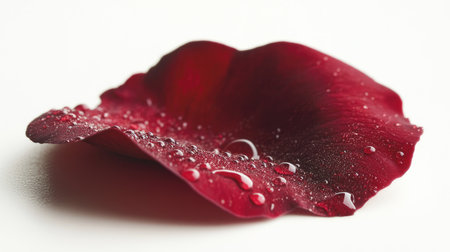 A stunning close-up image of a red rose petal, glistening with water droplets, highlights its exquisite texture and vibrant tone, ideal for themes of love and romance.の素材