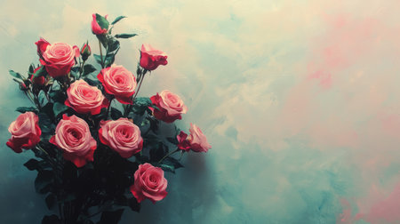 This stunning image features a bouquet of pink roses set against a soft pastel background, perfect for expressing beauty, romance, and elegance in various artistic projects.の素材