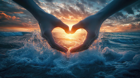 A stunning image of hands forming a heart shape against a vibrant sunset over ocean waves, capturing the essence of love and the tranquil beauty of nature.の素材