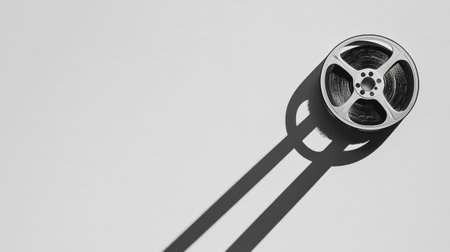 A vintage film reel rests on a white surface, casting an intriguing shadow that enhances its classic aesthetic, ideal for film-related projects or artistic presentations.の素材