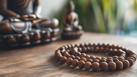 A tranquil scene featuring a Buddha statue and wooden prayer beads on a rustic table, surrounded by lush greenery, promoting mindfulness and serene meditation.の素材