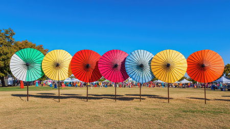 A vibrant display of colorful paper umbrellas fills the sunny field, creating a festive atmosphere. The background features a crowd enjoying a lively outdoor event.の素材
