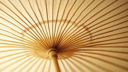 This stunning image captures a paper umbrella from below, highlighting its intricate textures and patterns with warm natural light, perfect for art and cultural projects.の素材
